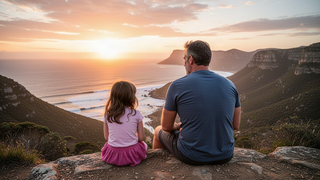Family overlooking a mountain landscape at sunset
